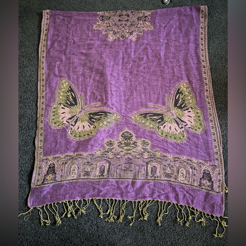 Pashmina Scarf Shawl Wrap, Green and Purple with Butterfly Patt